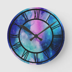 Waterverf ruimte roze blauw universum ster nevel ronde klok