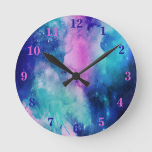 Waterverf ruimte universum ster nevel roze blauw ronde klok