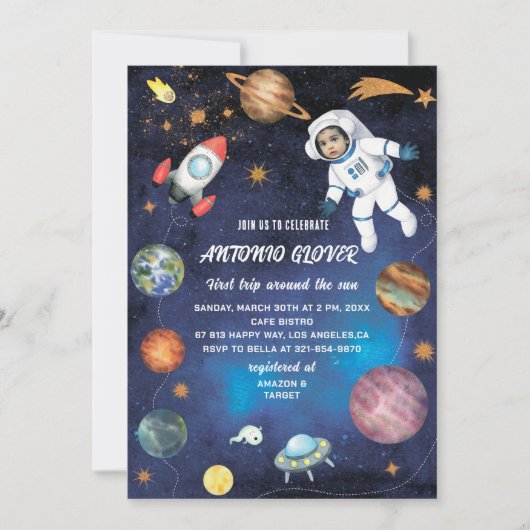 Waterverf Ruimte Verjaardag Fotouitnodiging baby S Kaart (Voorkant)