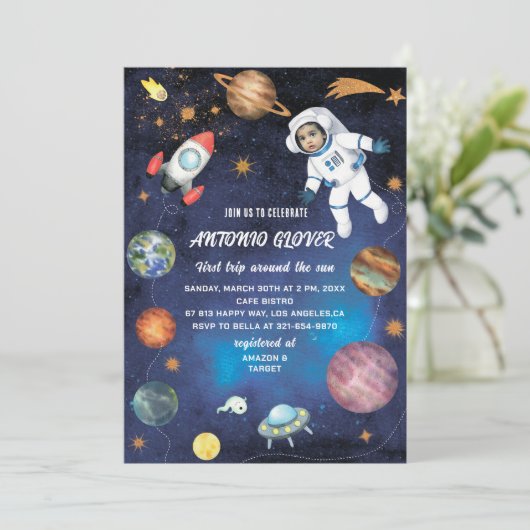 Waterverf Ruimte Verjaardag Fotouitnodiging baby S Kaart (Staand voorkant)