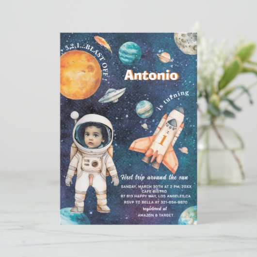 Waterverf Ruimte Verjaardag Fotouitnodiging baby S Kaart (Staand voorkant)