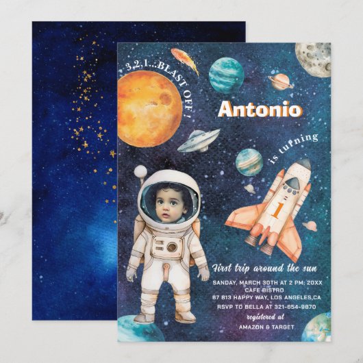 Waterverf Ruimte Verjaardag Fotouitnodiging baby S Kaart (Voorkant / Achterkant)