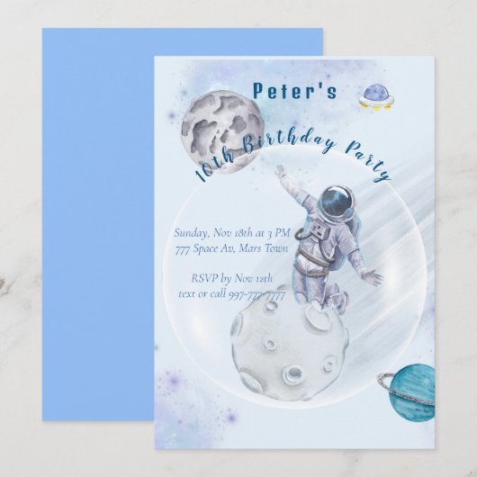 Waterverf Ruimtevaart en Astronaut Birthday-uitnod Kaart (Voorkant / Achterkant)