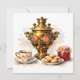 Waterverf Russische Samowar met Koekjes, Jam  Kaart