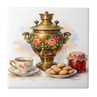 Waterverf Russische Samowar met Koekjes, Jam  Tegeltje
