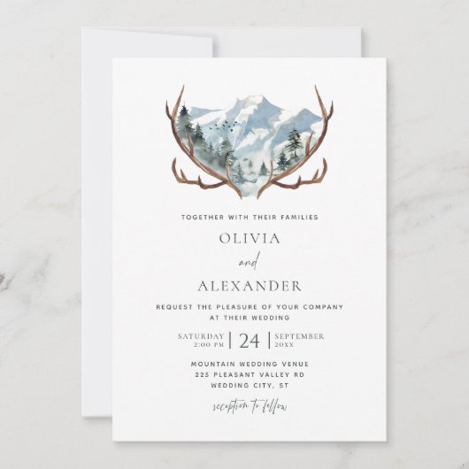 Waterverf Rustic Antlers Mountain Wedding Kaart (Voorkant)