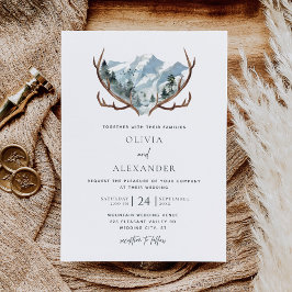 Waterverf Rustic Antlers Mountain Wedding Kaart