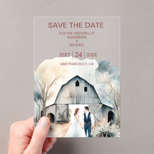 Waterverf Rustic Barn Wedding Acryl Uitnodigingen (Insitu (Draagbaar))