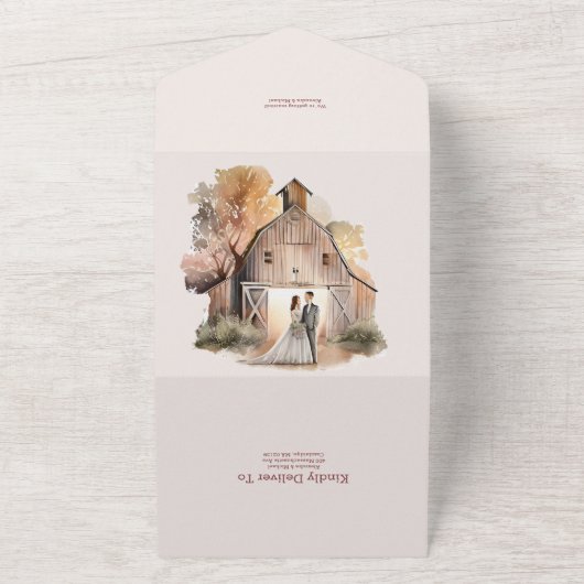 Waterverf Rustic Barn Wedding All In One Uitnodiging (Buitenkant)