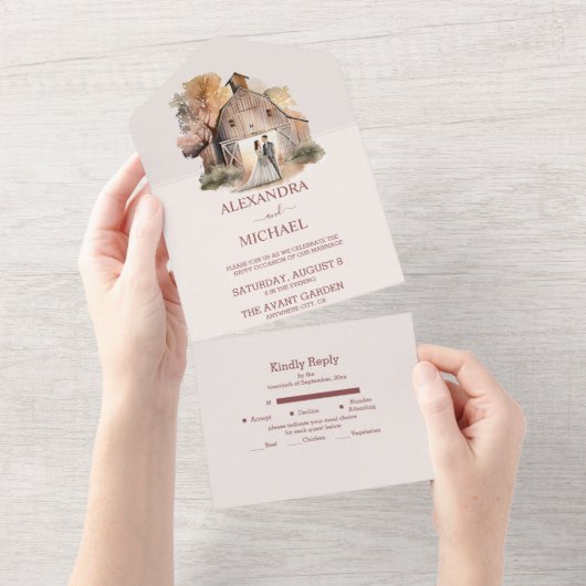 Waterverf Rustic Barn Wedding All In One Uitnodiging (Afscheurbaar)