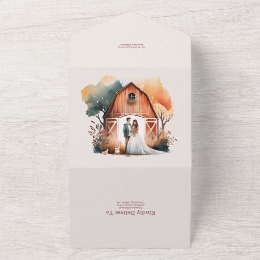 Waterverf Rustic Barn Wedding All In One Uitnodiging (Buitenkant)