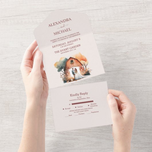 Waterverf Rustic Barn Wedding All In One Uitnodiging (Afscheurbaar)