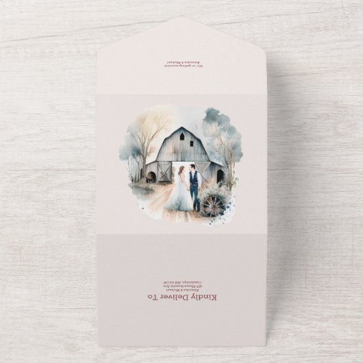 Waterverf Rustic Barn Wedding All In One Uitnodiging (Buitenkant)