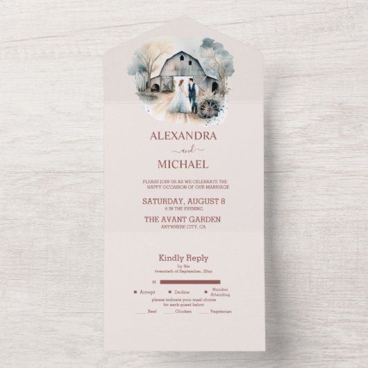 Waterverf Rustic Barn Wedding All In One Uitnodiging (Binnen)