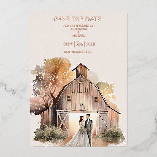 Waterverf Rustic Barn Wedding Folie Uitnodiging (Voorkant)