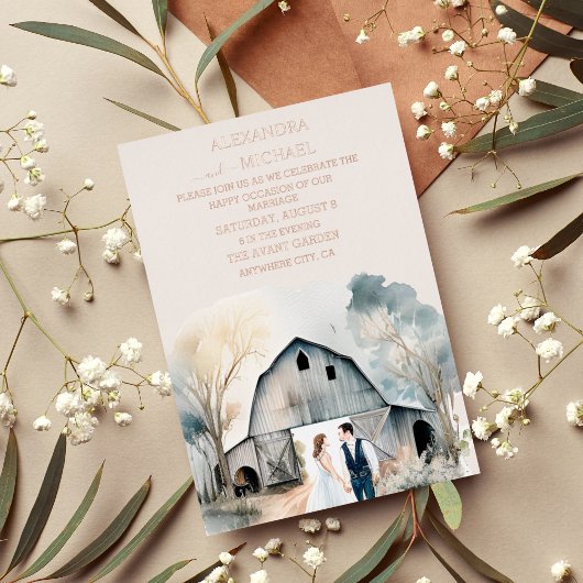 Waterverf Rustic Barn Wedding Folie Uitnodiging