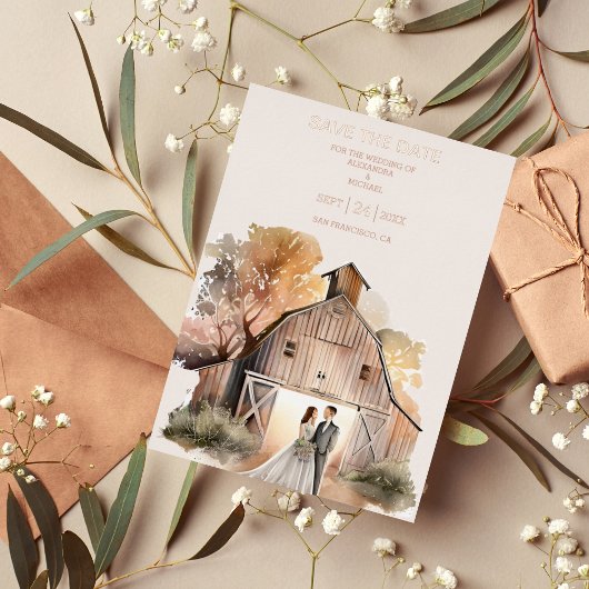 Waterverf Rustic Barn Wedding Folie Uitnodiging