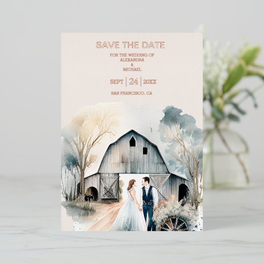 Waterverf Rustic Barn Wedding Folie Uitnodiging (Staand Voorkant)