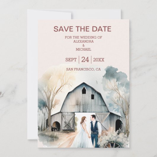 Waterverf Rustic Barn Wedding Save The Date (Voorkant)