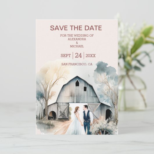 Waterverf Rustic Barn Wedding Save The Date (Staand voorkant)