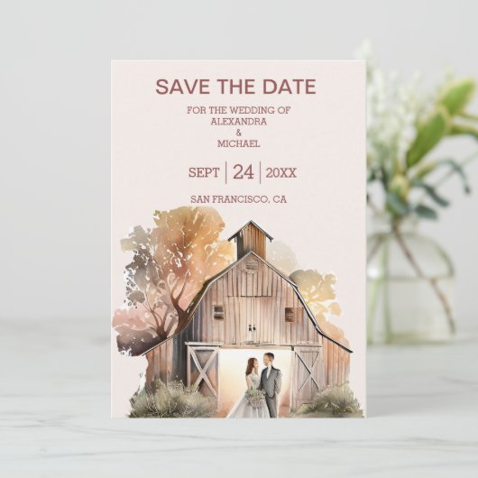 Waterverf Rustic Barn Wedding Save The Date (Staand voorkant)