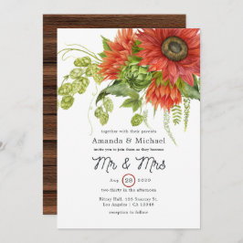 Waterverf Rustic Bohemian Red Sunflower Weddenscha Kaart