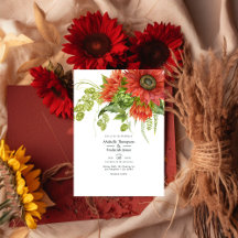Waterverf Rustic Bohemian Red Sunflower Weddenscha