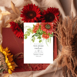Waterverf Rustic Bohemian Red Sunflower Weddenscha Kaart