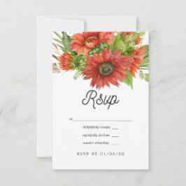 Waterverf Rustic Bohemian Red Sunflower Weddenscha RSVP Kaartje