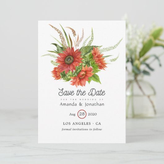 Waterverf Rustic Bohemian Red Sunflower Weddenscha Save The Date (Staand voorkant)