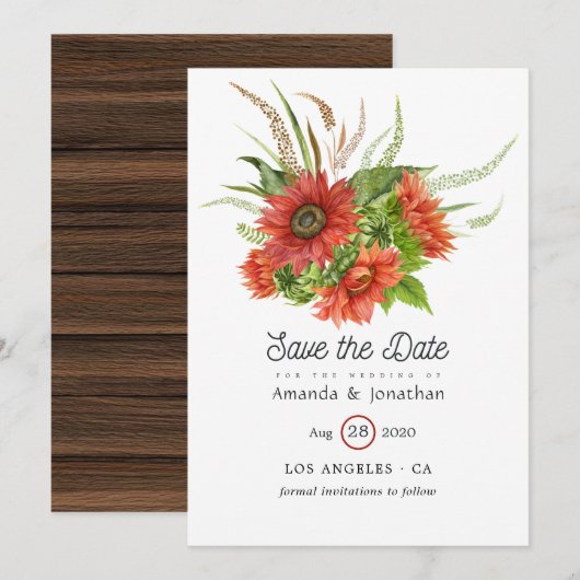 Waterverf Rustic Bohemian Red Sunflower Weddenscha Save The Date (Voorkant / Achterkant)