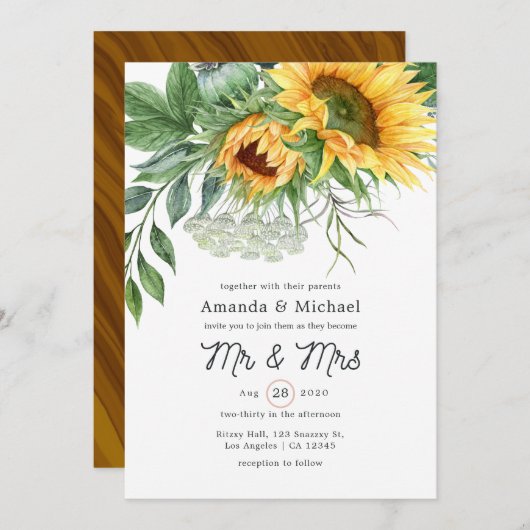 Waterverf Rustic Bohemian Sunflower Wedding Kaart (Voorkant / Achterkant)