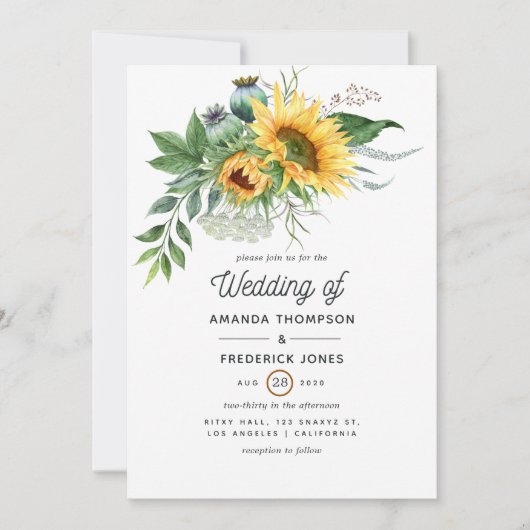Waterverf Rustic Bohemian Sunflower Wedding Kaart (Voorkant)
