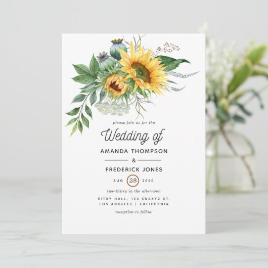 Waterverf Rustic Bohemian Sunflower Wedding Kaart (Staand voorkant)