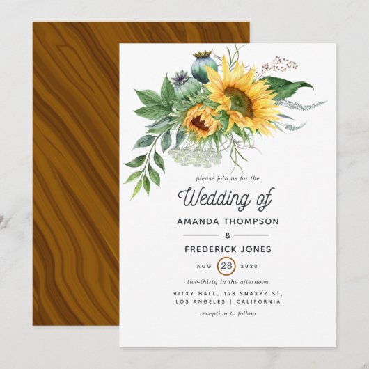 Waterverf Rustic Bohemian Sunflower Wedding Kaart (Voorkant / Achterkant)