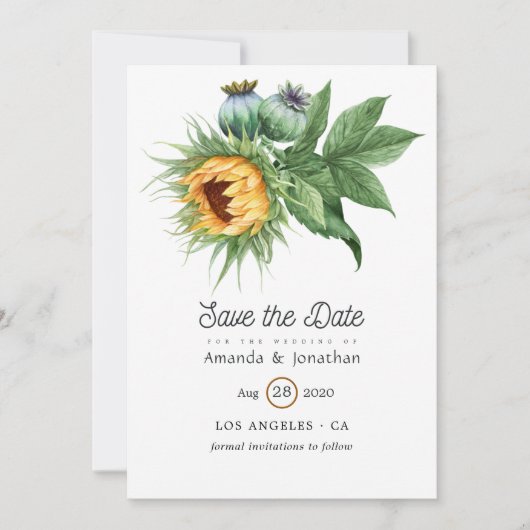 Waterverf Rustic Bohemian Sunflower Wedding Save The Date (Voorkant)