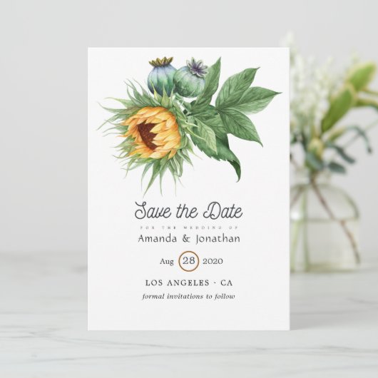 Waterverf Rustic Bohemian Sunflower Wedding Save The Date (Staand voorkant)