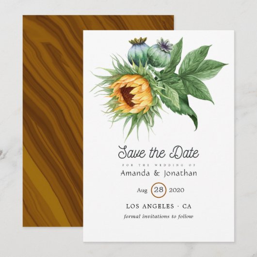 Waterverf Rustic Bohemian Sunflower Wedding Save The Date (Voorkant / Achterkant)