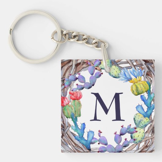  Waterverf Rustic Cactus Monogram Sleutelhanger (voorkant)
