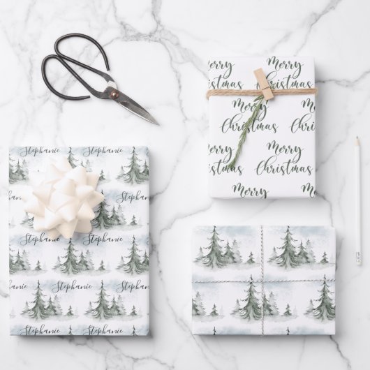 Waterverf Rustic Fir Trees Forest Winter Inpakpapier Vel (Voorkant)