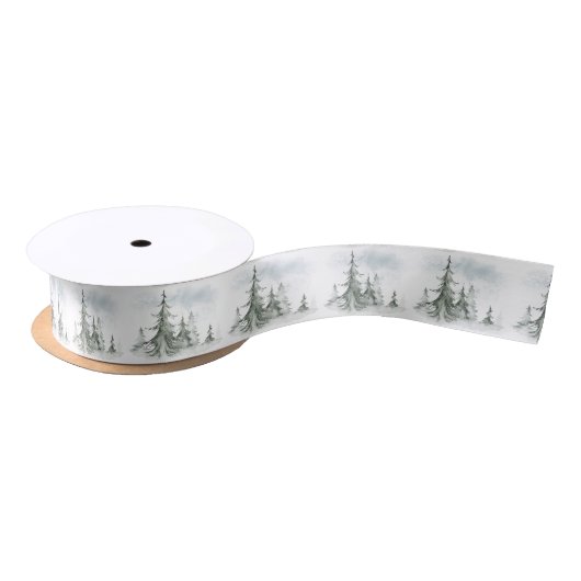 Waterverf Rustic Fir Trees Forest Winter Satijnen Lint (Spoel)