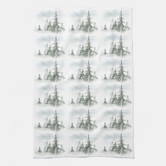 Waterverf Rustic Fir Trees Forest Winter Theedoek (Verticaal)