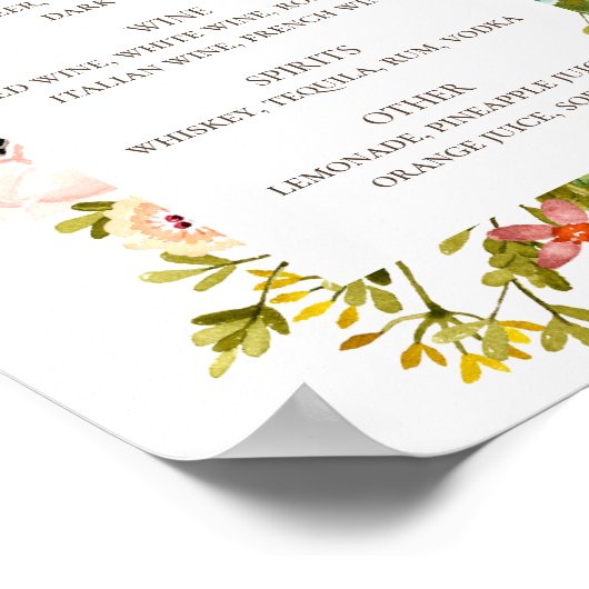 Waterverf rustic floral bruiloft drink bar menu poster (Hoek)