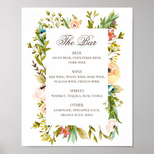 Waterverf rustic floral bruiloft drink bar menu poster