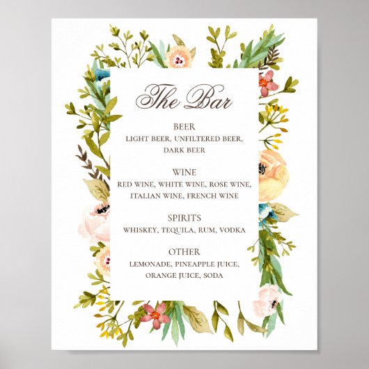 Waterverf rustic floral bruiloft drink bar menu poster (Voorkant)
