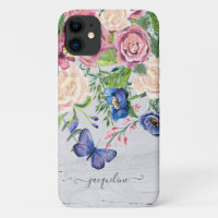 Waterverf Rustic Floral w Wood Butterfly Script