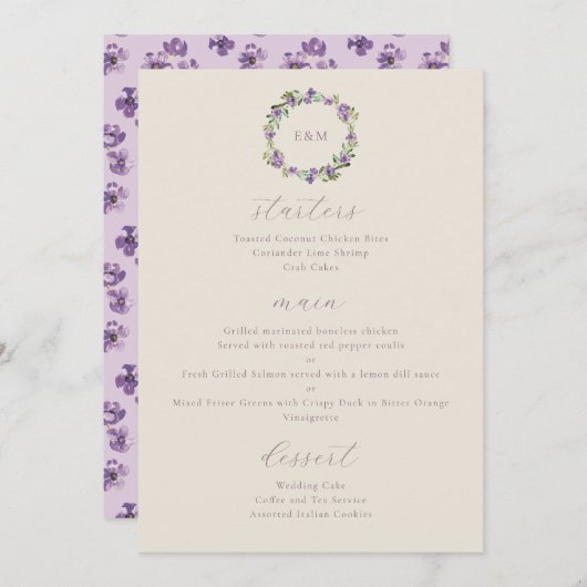 Waterverf Rustic Flowers Paars Menu (Voorkant / Achterkant)