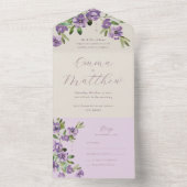Waterverf Rustic Flowers Paars Wedding All In One Uitnodiging (Binnen)