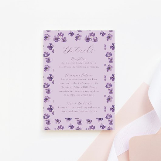 Waterverf Rustic Flowers Paars Wedding Details Informatiekaartje