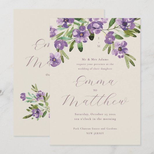 Waterverf Rustic Flowers Paars Wedding Kaart (Voorkant / Achterkant)